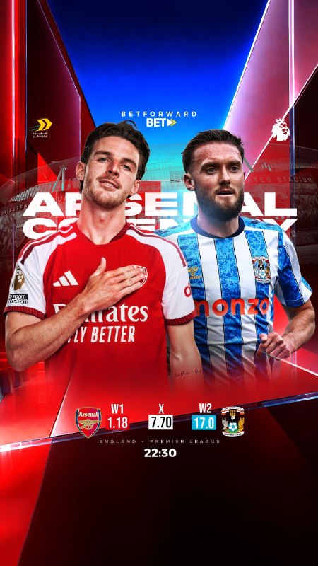 نمایندگان بت فوروارد: ⚽ آرسنال - کاونتری سیتی🏆 لیگ برتر انگلیس 🏴🕔 امشب ساعت ۲۲:۳۰🏟 ورزشگاه امارات، لندن🎲 با بیش از ۵۵۰ نوع آپشن پیشبینی👆 ضرای