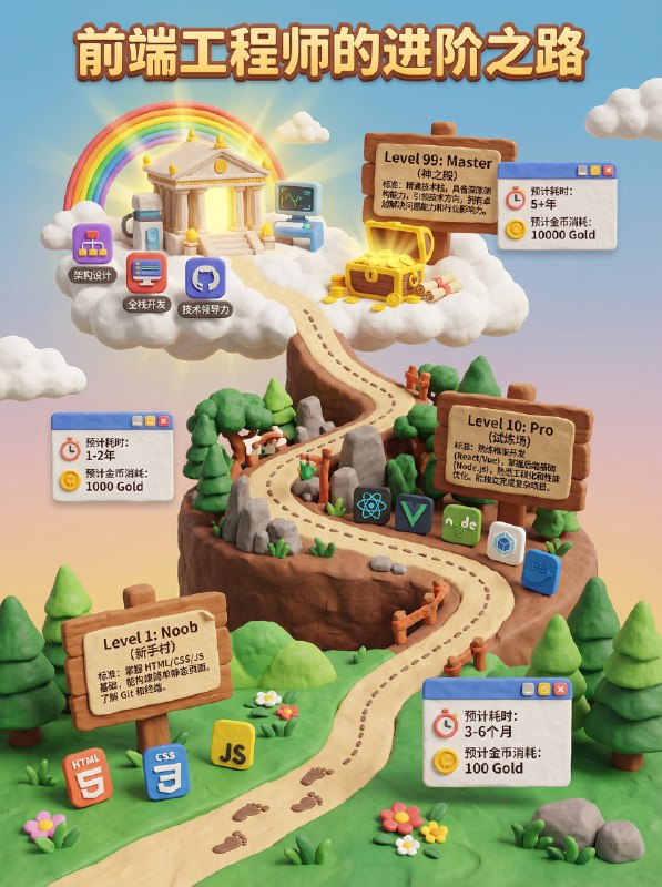 Nano Banana Pro 提示词：任何爱好或者职业的进阶之路用非常可爱的黏土风格展示不同等级的标准和消耗时间-------提示词--------基于主题 [前端工程师的进阶之路]，创作一张 3D 游戏关卡地图海报