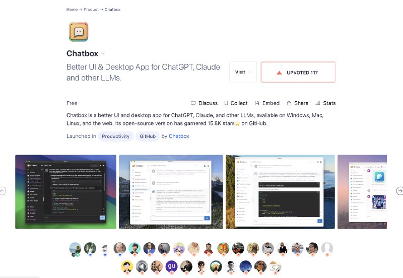 撇了一眼，Chatbox 在 Product Hunt 已经收获了 117 个 Upvote 了！我前天晚上一时兴起发了下，原以为要石沉大海了