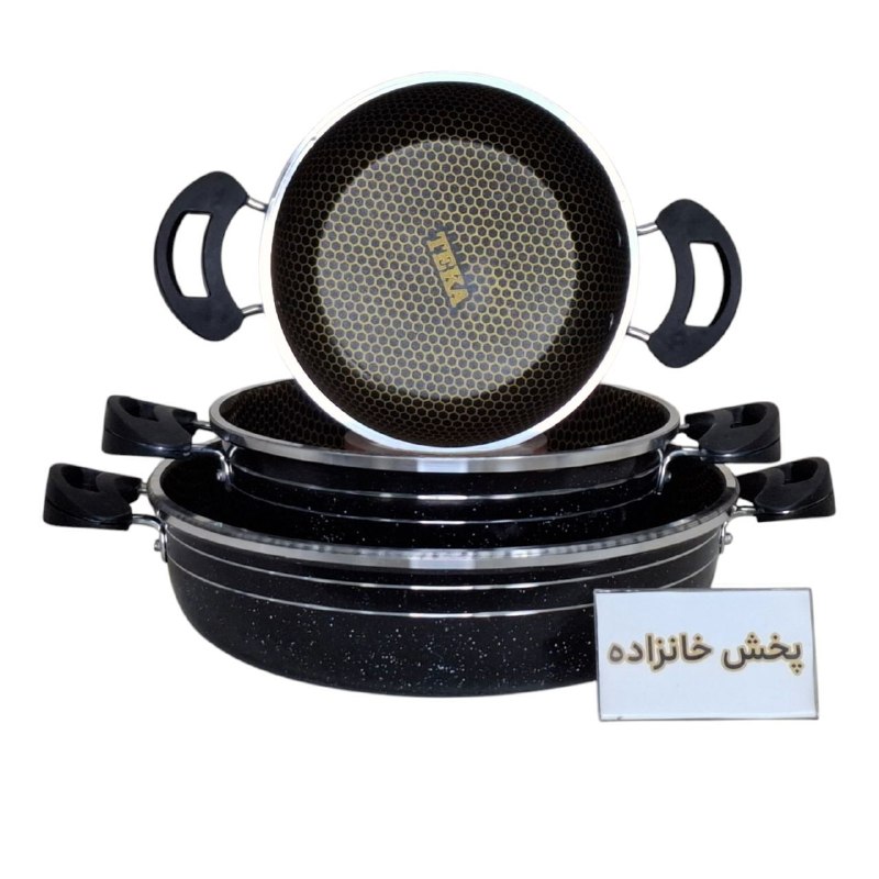 پخش عمده لوازم خانگی چینی و ایرانی خانزاده 09216467336: 📌سه تابه دو_دسته طرح چدن تکا📌لبه دوبل با پوشش داخل گرانیت مشکی 📏سایز 18_22_28🌈رنگبندی:مشکی گرانیتی،،،زرشکی گرانیتی📦کارتن