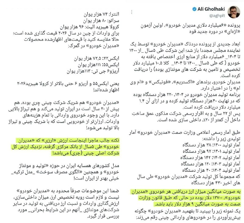 کانال آخرین قیمت: علی قلهکی:«مدیران خودرو» بابت هر خودروی وارداتی، به طور میانگین ۴۷۰۰ دلار گرانتر حساب کرده/ ارزی که «مدیران خودرو» طی