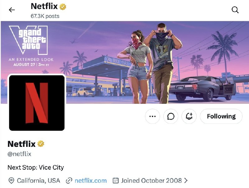 Hezar Game | هزار گیم: 🎬 اکانت رسمی نتفلیکس هدر خود را به آرتورک GTA VI تغییر داد؛ شروع نمایش ساعت 22:30 به وقت ایرانپروکسی | پروکسی⚽️ @Hezar
