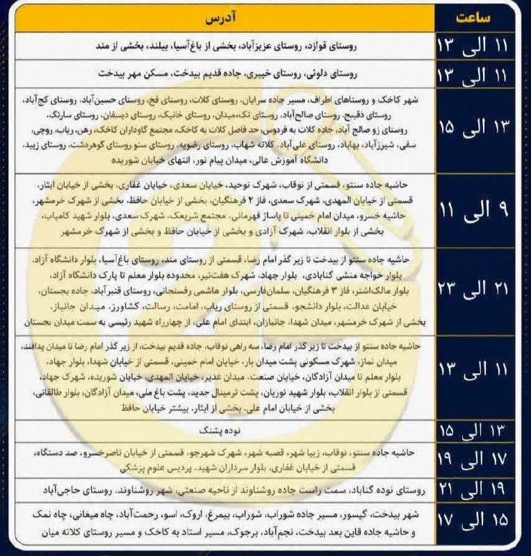 اخبار عصر گناباد: 📢جدول احتمالی قطعی برق شنبه در گناباد/برنامه تغییر و علی‌الظاهر چرخشی شده است