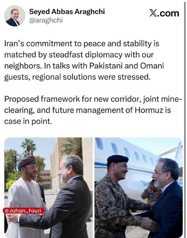 جهان بینالملل فوری🌍: عراقچی: تعهد ایران به صلح و ثبات، همراه با دیپلماسی استوار و مستمر با همسایگانمان دنبال میشودوزیر امور خارجه:🔹تعهد ایرا