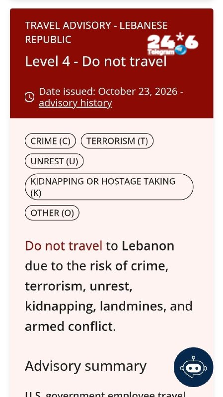 🇮🇱 The United States warned of the threat of escalation in Lebanon. The United States State Department maintained the maximum warning level for Lebanon, level four, and advised against travel due to the threat of terrorism, kidnappings and armed conflicts. The warning also applies to southern Lebanon, the border with Syria and the refugee camps. American citizens who are in these areas are advised to leave immediately. Special attention was given to the Dahayah area in southern Beirut.