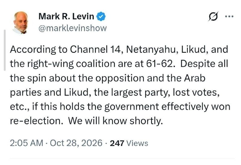 מארק לוין: לפי הדיווח בערוץ 14, נתניהו, הליכוד וקואליציית הימין הגיעו ל-61-62. למרות כל ההייפ על האופוזיציה…