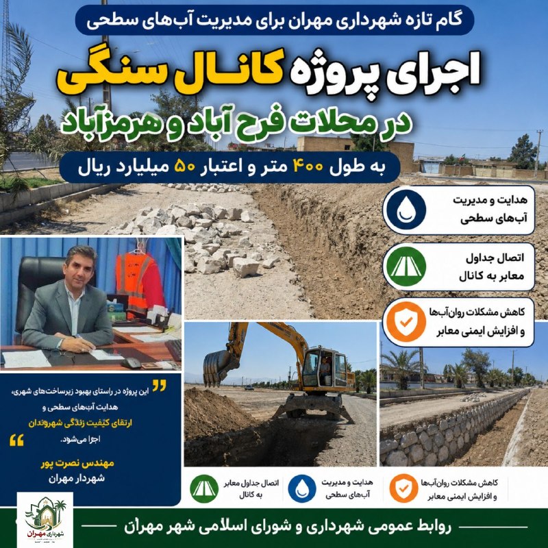 آفتاب ایلام: 🔴 گام تازه شهرداری مهران برای مدیریت آبهای سطحی؛ اجرای ۴۰۰ متر کانال سنگی در فرحآباد و هرمزآباد🔹️شهردار مهران از اجرای