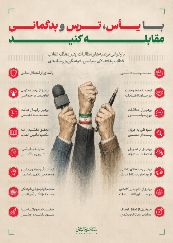 شهرآرانیوز: 🔶با یأس، ترس و بدگمانی مقابله کنید🔹بازخوانی توصیه‌ها و مطالبات رهبر معظم انقلاب خطاب به فعالان سیاسی، فرهنگی و رسانه‌ای.