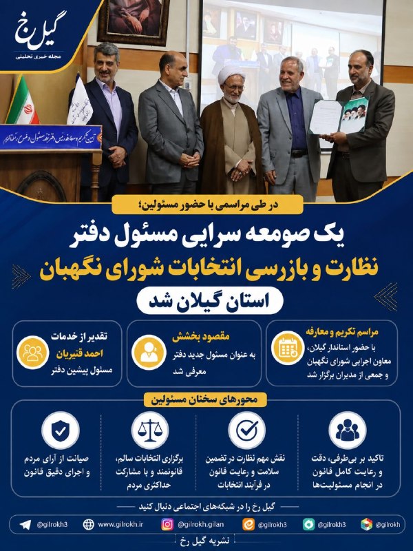 نشریه گیل رخ: ❇️در طی مراسمی با حضور مسئولین؛🔺 یک صومعه سرایی مسئول دفتر نظارت و بازرسی انتخابات شورای نگهبان استان گیلان شد🔴مطالعه مش