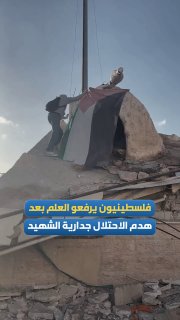 شاب يرفع العلم الفلسطيني فوق بقايا جدارية مهدومة بالخليل