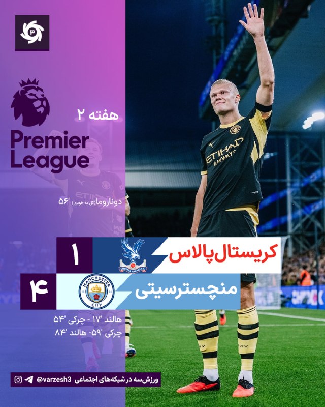ورزش سه ✔: دبل بچه غول؛ ⚽️🏴󠁧󠁢󠁥󠁮󠁧󠁿 گل چهارم منچسترسیتی | هالند '84 پالاس 1 - منچسترسیتی 4 🆔@varzesh3با مدل موی جدید هم آتش به پا کرد