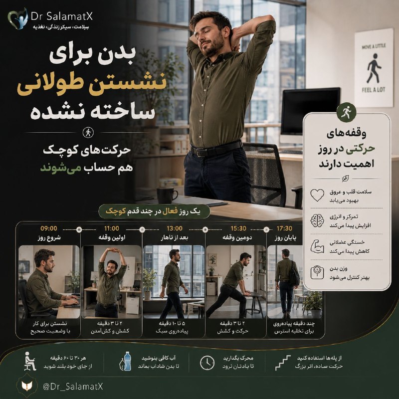 🍎 رسانه دکتر سلامت 🍏: 🧘♀️ نشستن طولانی، دشمن خاموش حرکت است🚶 حتی اگر روزانه ورزش کنید، ساعتهای طولانی نشستن میتواند میزان حرکت کلی روز را ک