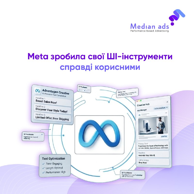 🤖 ШI-генерація для реклами від Meta нарешті робить те, що треба.🔎 У Ads Manager з'явився новий блок Advantage+ Creative Text Generation. Тепер поруч із вашими текстами та заголовками Meta одразу пропонує ШI-варіанти — і для тексту, і для самого креативу.🖼 