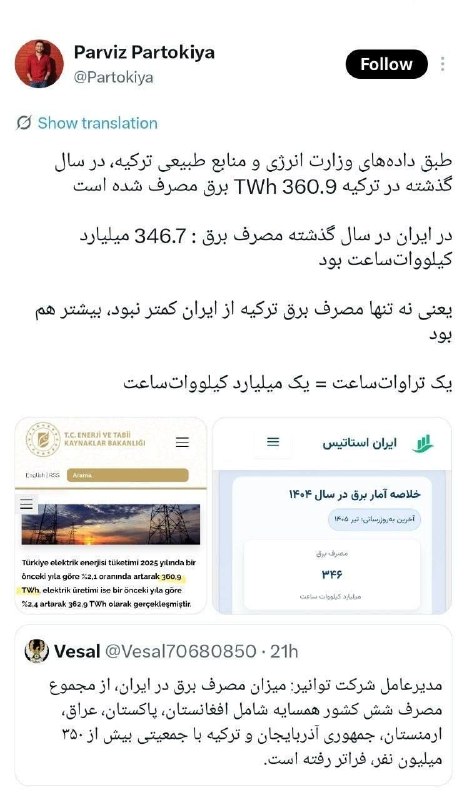 ایران نیوز: ✅آیا میزان مصرف برق ایران از تمام همسایگانش بیشتر است؟پرویز پرتوکیا فعال رسانه‌ای:طبق داده‌های وزارت انرژی و منابع طبیعی