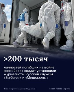 Журналисты установили имена более 200 тысяч российских военных, погибших на войне в Украине«Медиазона» и «Русская служба Би-би-си» к четвертой годовщине войны обновили поименный список погибших в Украине российских солдат. На сегодняшний день в него включе