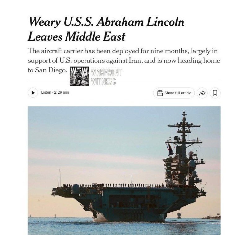 ️🇺🇸🇮🇷 NYT: USS אברהם לינקולן השלים את פריסתו בת תשעה חודשים במזרח התיכון והחל את מסעו הביתה לסן דייגו…