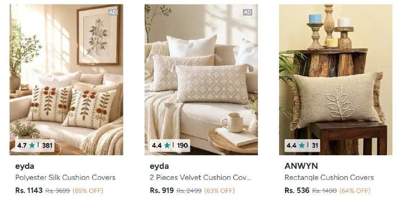 �� HOME ESSENTIALS DEALS ON MYNTRA✨ Embroidered Cushion Covers – Min 60% Off👉  Saree Organisers – Min 70% Off👉  eyda Premium Cushion Covers – Min 50% Off👉  Table Covers – Min 70% Off👉