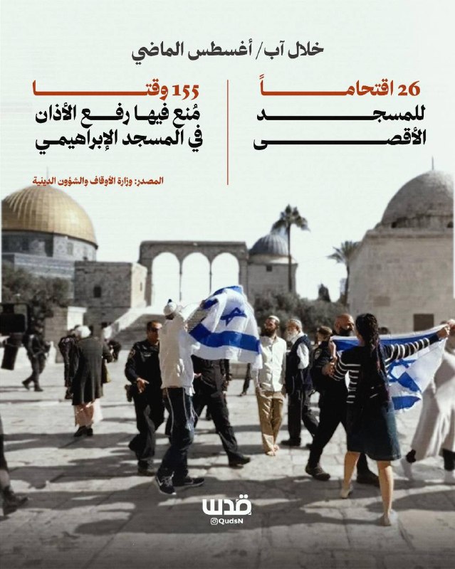 משרד ההקדשים: בחודש שעבר הסתערו 26 מתנחלים על מסגד אל-אקצא, בעוד שהכיבוש מנע את הקריאה לתפילה במסגד איברהימ…