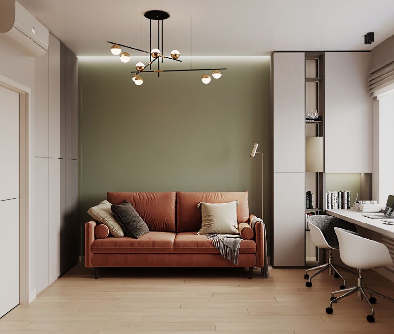 Две детские 14,9 и 14, 1 кв.м комнаты и кабинет 14,3 кв.м из проекта домвсочи 1 - лаконичная и уютная мягкий мятный диван кровать и тёплая деревянн... - изображение 8 - кабинет, планировка, telegram