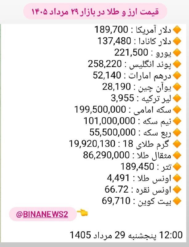 بینانیوز - BinaNews: ✅ قیمت ارز و طلا در بازار ۲۹ مرداد ۱۴۰۵.🌐 BinaNews.ir.🌐 instagram.com/BinaNews2.