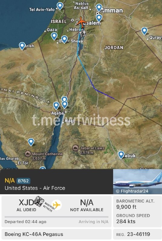 חיל האוויר האמריקני KC-64A המריא מבסיס התעופה אל עודיד בקטאר וצפוי לנחות בתל אביב, ישראל.
