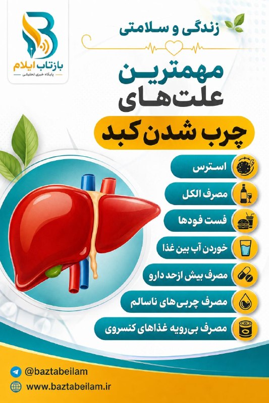 بازتاب ایلام: 💥زندگی و سلامتیمهمترین علت‌های چرب شدن کبد- استرس- مصرف الکل- فست فودها- خوردن آب بین غذا- مصرف بیش ازحد دارو- مصرف چربی