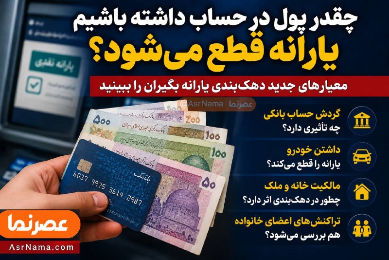 اخبار تهران تل: چقدر پول در حساب داشته باشیم یارانه قطع میشود؟👈گردش حساب بالا میتواند دهک شما را تغییر دهد؟ داشتن خانه یا خودرو چطور؟