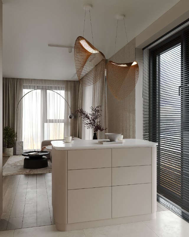 Дизайн проект квартиры 92,8 кв.м Сдержанная современная кухня гостиная 26,1 кв.м спокойная нейтральная палитра, тёплая атмосфера и продуманное зони... - изображение 4 - проект, telegram, view