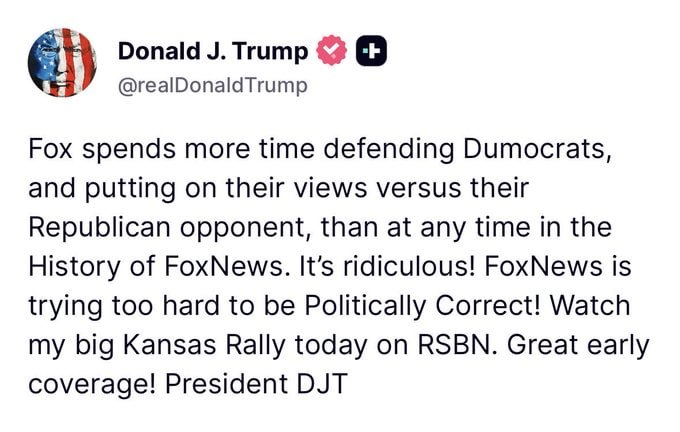 Flash: Trump blasts Fox News for defending Democrats and giving their views more airtime than Republicans, calling it "ridiculous."