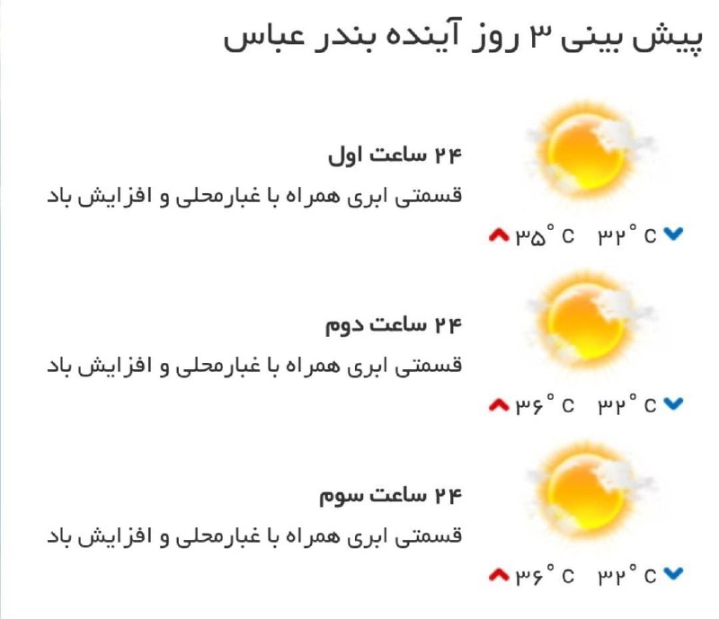 کانال خبری هـرمـز: ♦️پیشبینی وضع آب و هوای سه روزه مرکز استان🔹۲۴ ساعت اول (۱۴۰۵/۰۵/۲۷)🔹 ۲۴ ساعت دوم (۱۴۰۵/۰۵/۲۸)🔹 ۲۴ ساعت سوم (۱۴۰۵/۰۵/۲۹