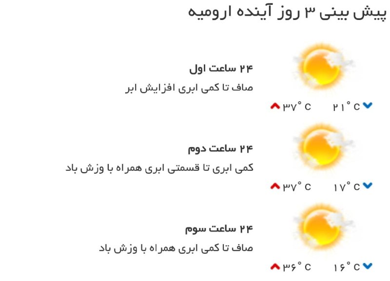 اخبار آذربایجان غربی: ♦️پیشبینی وضع آب و هوای سه روز آینده مرکز استان🔹۲۴ ساعت اول (۱۴۰۵/۰۶/۰۳)🔹 ۲۴ ساعت دوم (۱۴۰۵/۰۶/۰۴)🔹 ۲۴ ساعت سوم (۱۴۰۵/
