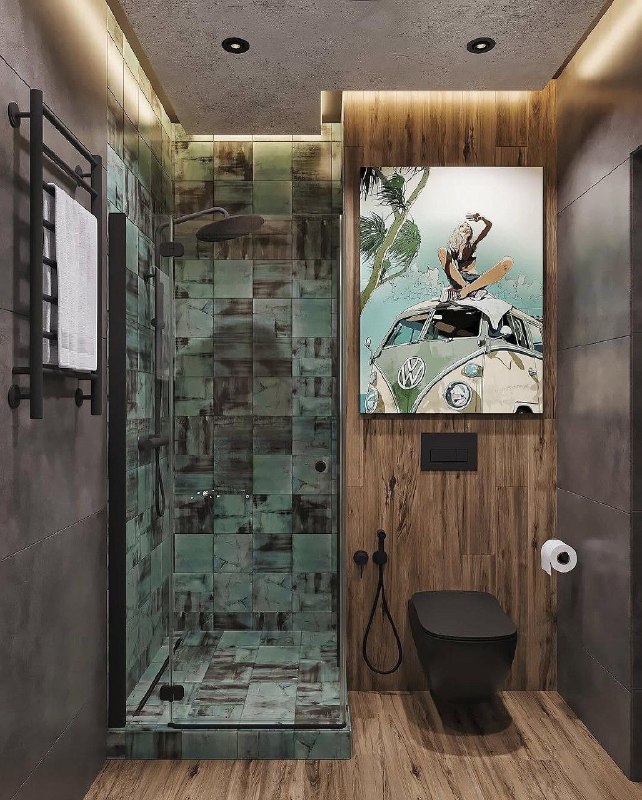 Интерьер ванной комнаты выполнен в тёмных тонах. Площадь составляет 4 квадратных метра. МЫ В МАХ подписаться - изображение 8 - интерьер, ванной, комнаты