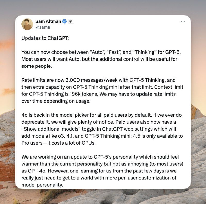 就得骂，现在你可以在 ChatGPT 里面用原来的模型了，而且那个傻逼渐变也没了，下面是这次更新的内容：#ai创造营#用户可以在 GPT-5 的“自动”、“快速”和“思考”模式之间进行选择