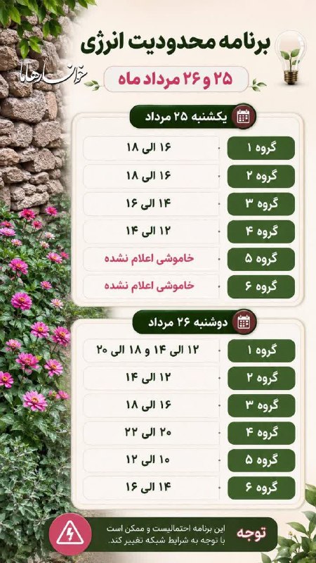 کانال خوانسار هاما: برنامه محدودیت انرژی ۲۵ و ۲۶ مرداد #خوانسار_هاما 🌳🌷بزرگترین رسانه مجازی #خوانساریها 👇🆔 #کانال_تلگرام:🟣 @khansarma🆔 #پیج_