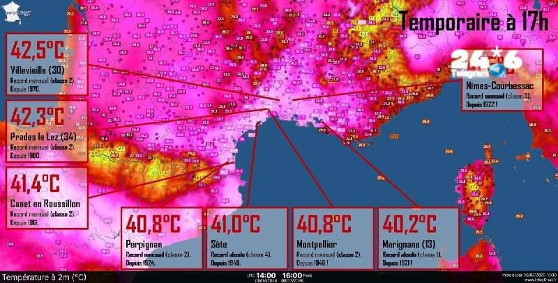 🇮🇱 גל החום באירופה: אתמול נשברו שיאי חום חודשיים/מוחלטים במספר תחנות בדרום צרפת: וילוויי 42.5C. פראד לה ל…