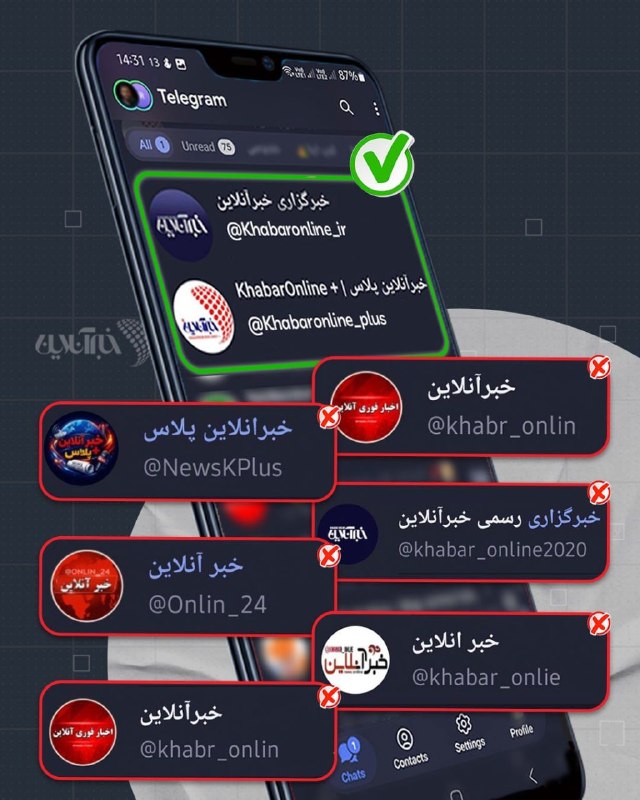 خبرگزاری خبرآنلاین: 🔸 شبکه‌های اجتماعی خبرآنلاینبا این نشانی‌ها در پلتفرم‌های مختلف حضور داریم، هرگونه تشابه اسم یا کپی لوگو، خلاف اخلاق رسا