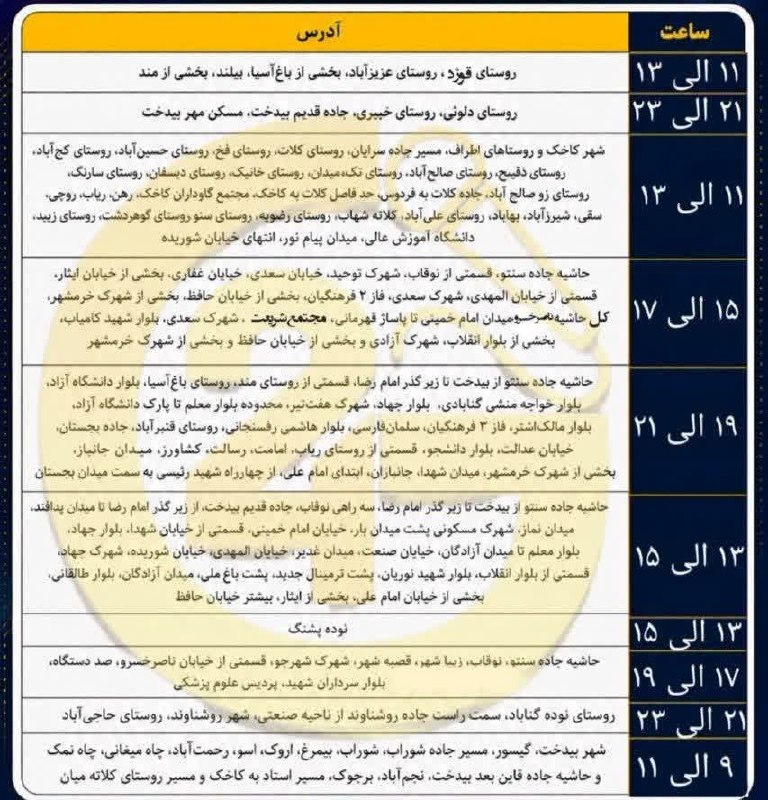 باران کویر/ رسانه مردمی: 🔰خاموشی احتمالی برق یکشنبه┏━━━•••••••••••••••••━━━┓ 🆔 @barane_kavir ┗━━•••••••••••••••••••━━━┛『 نشریه مردمی باران کویر گ