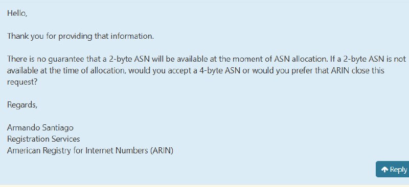 #公告 ARIN ASN代办业务，现在 2Bytes ASN不能保证下号，只能确保4 Bytes