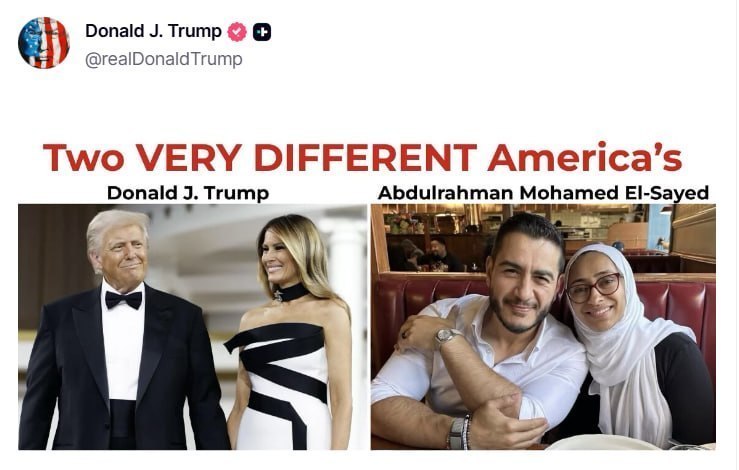 Teleboon 🅱️ تِـلـــه بـون: 🇺🇸 ترامپ با گذاشتن عکسی از خود و همسرش و عکسی از عبدال السید (نامزد مسلمان انتخابات مجلس سنا از ایالت میشیگان) و همسر مح