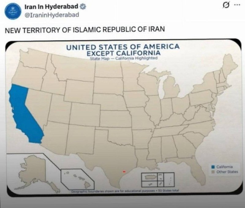 ایران نیوز: کالیفرنیا، قلمرو جدید ایران🔻 حساب کاربری کنسولگری ایران در حیدرآباد هند در واکنش به توهمات دونالد ترامپ درباره مالکیت تن