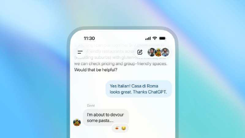 不是，Open AI 真要干社交啊#ai创造营##openai#前几天泄露的群聊功能上了，会先在日本、新西兰、韩国、台湾上线，免费用户也可用点击 APP 右上角的人物添加人物图表就可以邀请好友，上下文会保持并且新开一个对话模型用的是 GPT‑5.1 Auto ，会根据提问者的会员等级切换模型，一点漏洞不给钻，真有你的 Sam支持搜索、图像和文件上传、图像生成以及听写功能
