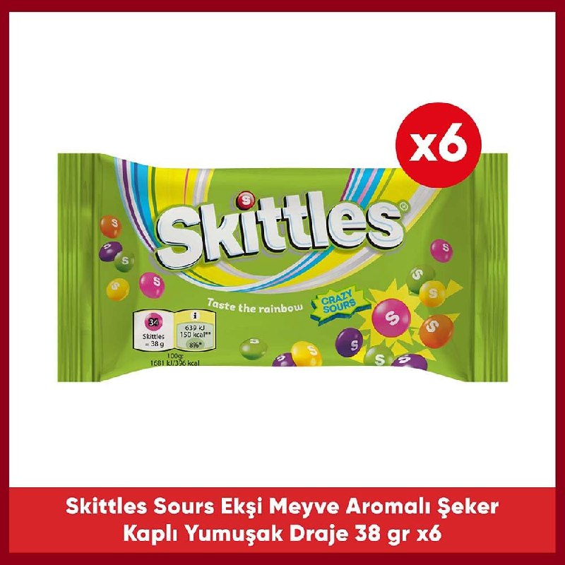 Skittles Sours Ekşi Meyve Aromalı Draje Şekerleme 38 g x 6