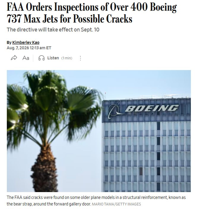 ה-FAA הורה על בדיקות חובה של 471 מטוסי בואינג 737 MAX בארה"ב לאחר שנמצאו סדקים ברכיב חיזוק מבני שעלולים להש…