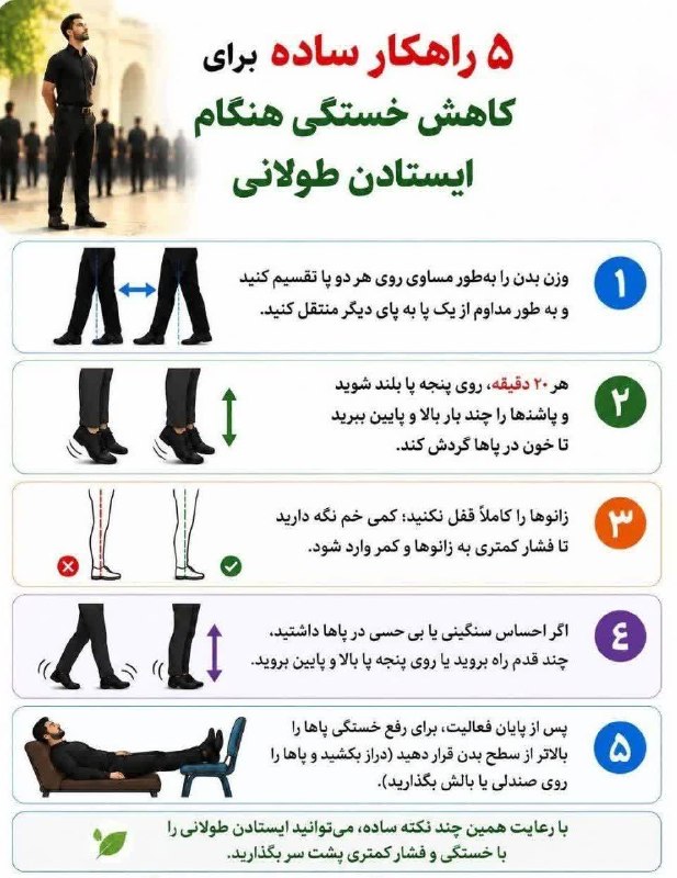 خبرگزاری صداوسیما قم: 💠 ۵ راهکار ساده برای کاهش خستگی هنگام ایستادن طولانی🔹با رعایت همین چند نکته ساده، میتوانید ایستادن طولانی را با خستگی و