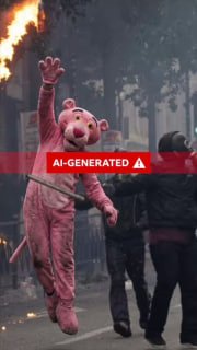 During the widespread interceptions in France, photos were published on social media showing a man wearing a pink tiger outfit destroying security cameras, holding a gun and breaking norms.