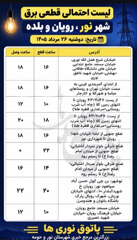 پاتوق نوری ها: 🔺 برنامه جدید زمان‌بندی احتمالی قطعی برق شهرستان نور چمستان، بلده ، رویان، ایزدشهر دوشنبه ۲۶ مردادماه ۱۴۰۵@PatoghNOORiha