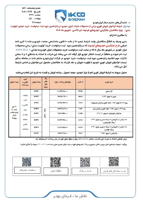 اخبار جنگ/خبرفوری🔴: 🚘 بخشنامه فروش ایران خودرو ویژه منتخبین قرعه کشی اعلام شد🔹ایران خودرو بخشنامه فروش محصولات خود را ویژه منتخبین طرح فرسود