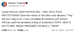 Трамп призвал протестующих в Иране захватывать госучреждения«Иранские патриоты, продолжайте протестовать — захватите свои учреждения!!! Запомните имена убийц и насильников. Они заплатят высокую цену», — написал президент США в своей соцсети Truth Social.По
