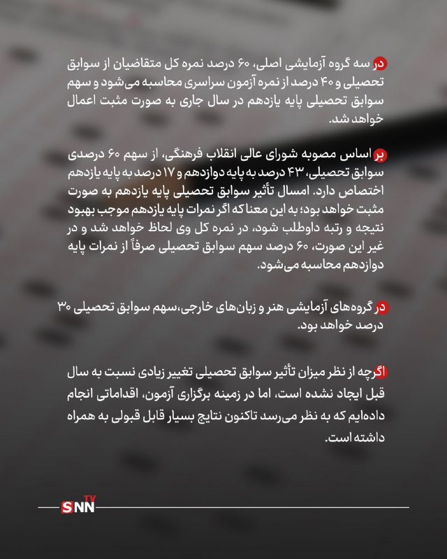 SNN.ir|اخبار دانشگاهی: 🔴میزان تاثیر معدل در کنکور ۱۴۰۵ چقدر است؟🔸 بر اساس مصوبه شورای عالی انقلاب فرهنگی، از سهم ۶۰ درصدی سوابق تحصیلی، ۴۳ درصد