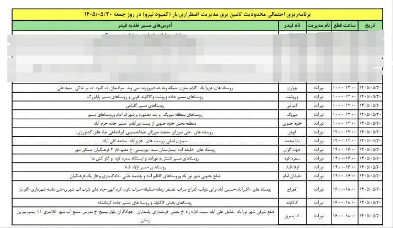 عصر دلفان: برنامه ریزی احتمالی محدودیت تامین برق مدیریت اضطراری بار (کمبود نیرو) در روز جمعه شهرستان دلفان ۱۴۰۵/۰۵/۳۰@asredelfan